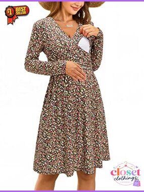 OUGES Women's Nursing Breastfeeding Maternity Dress Long Sleeve V-Neck with